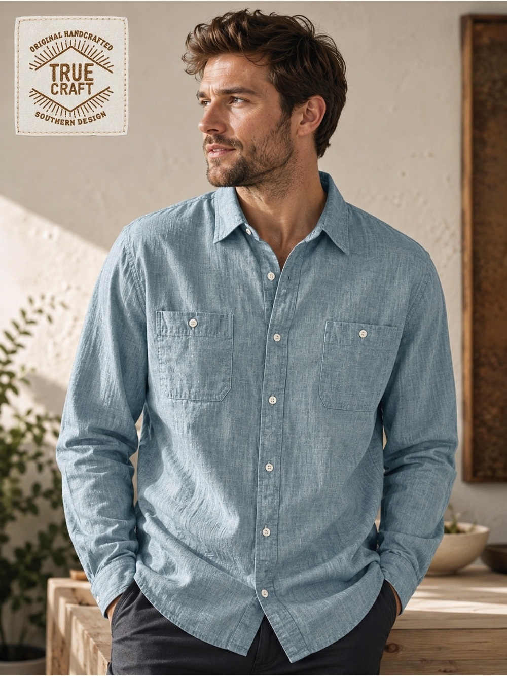 True Craft Chambray 100% Cotton Long Sleeve Button-Up Shirt - Lightweight - XL